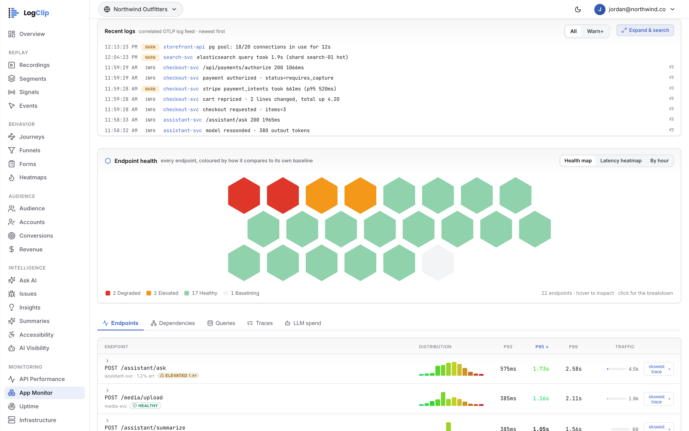 Log Management — What the service said, newest first