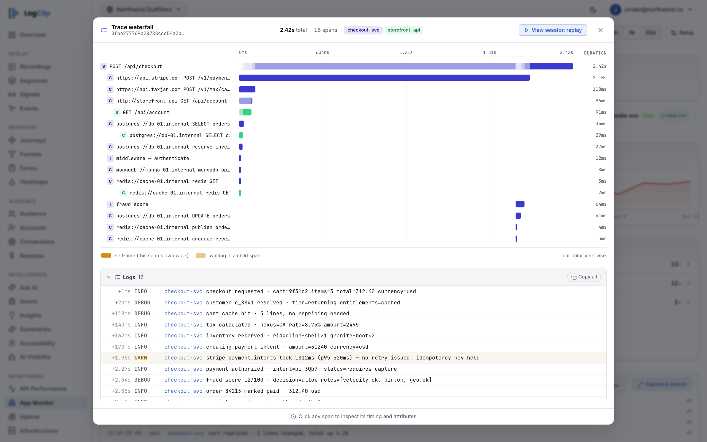Log Management — Open the request; the lines come with it