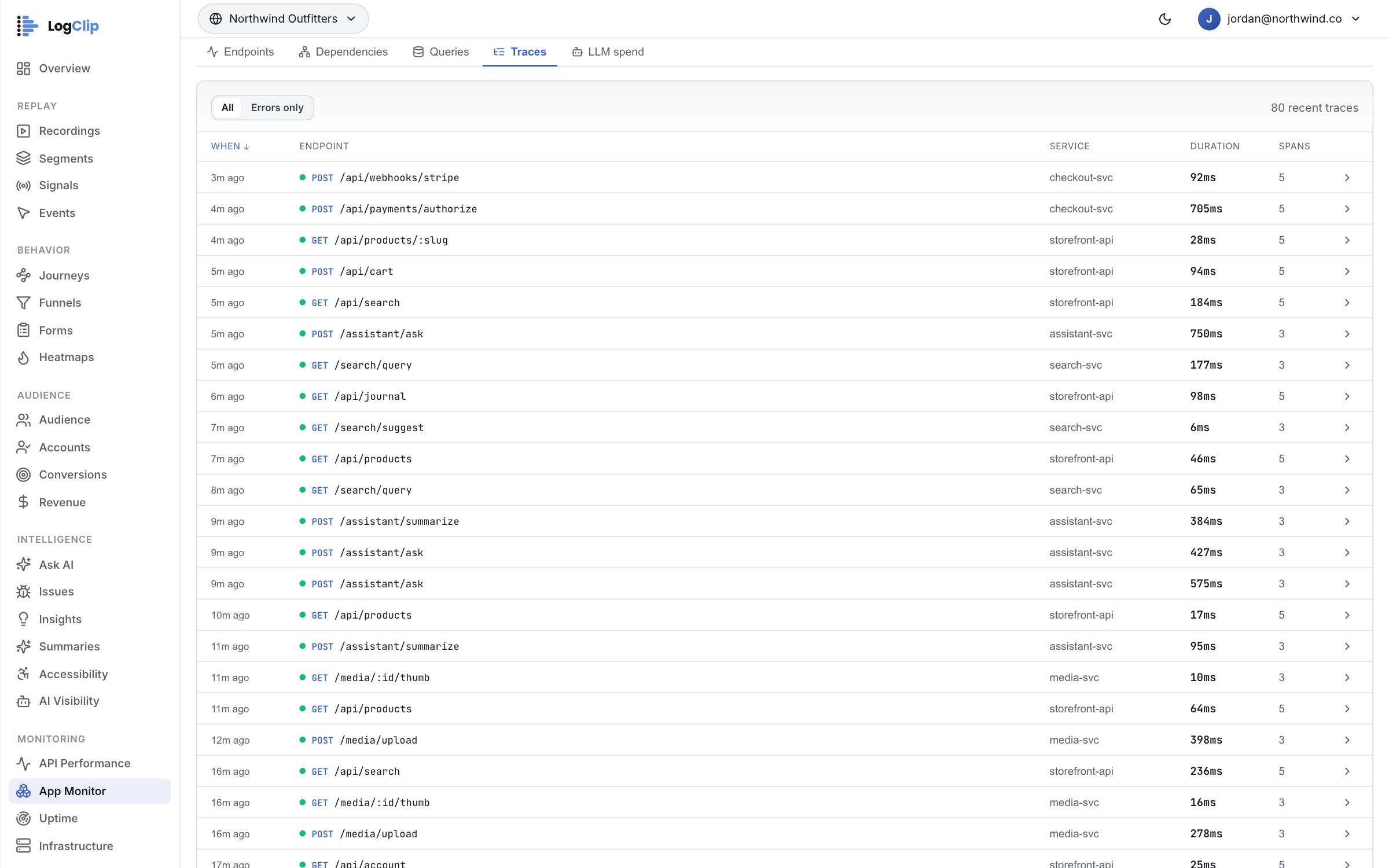 App Monitor — The spans behind the requests — Trace list