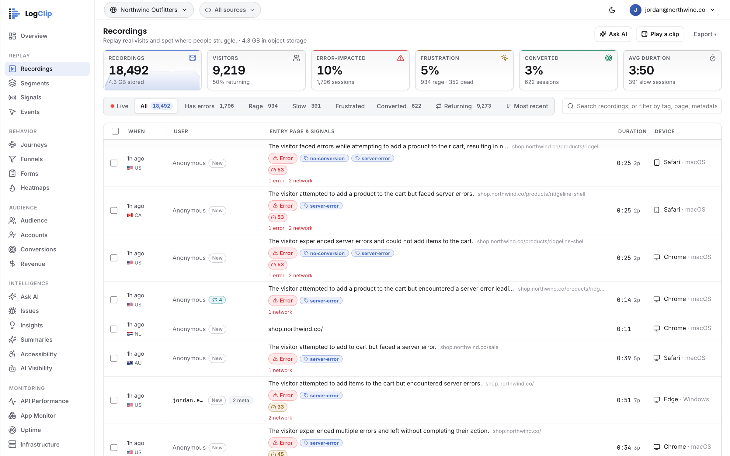 Session Replay — A visitor tries to add a jacket. The cart API answers 500 — three times.